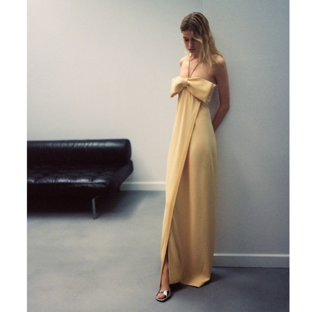 NEW NWT MANGO Satin Crossed Dress Bow Neckline Maxi Gown Party Cocktail M US 6 - Picture 2 of 14